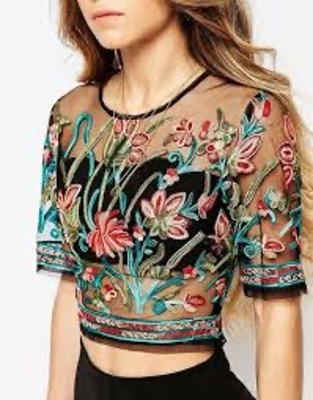 Embroidered Floral Sheer Top by Fashion Wild Cat